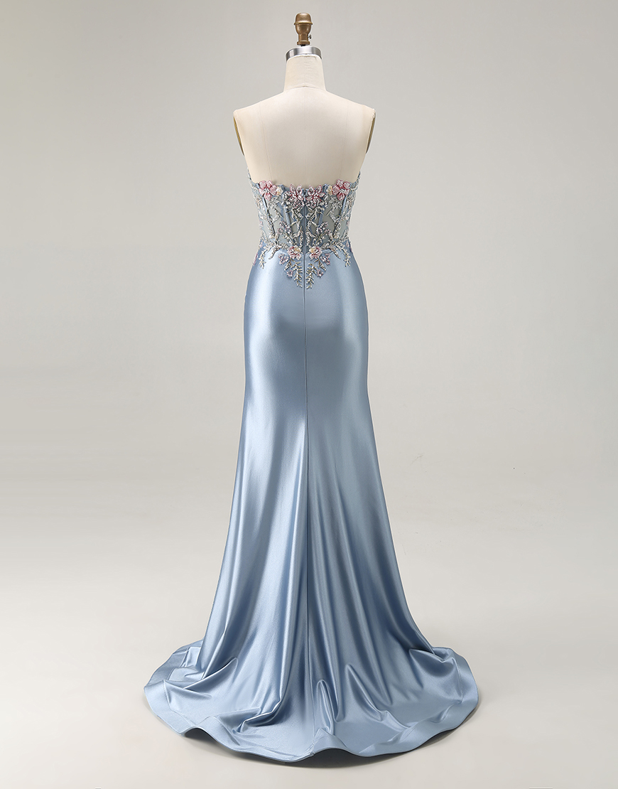 Floral Grey Blue Mermaid Ruched Long Corset Satin Prom Dress with Slit