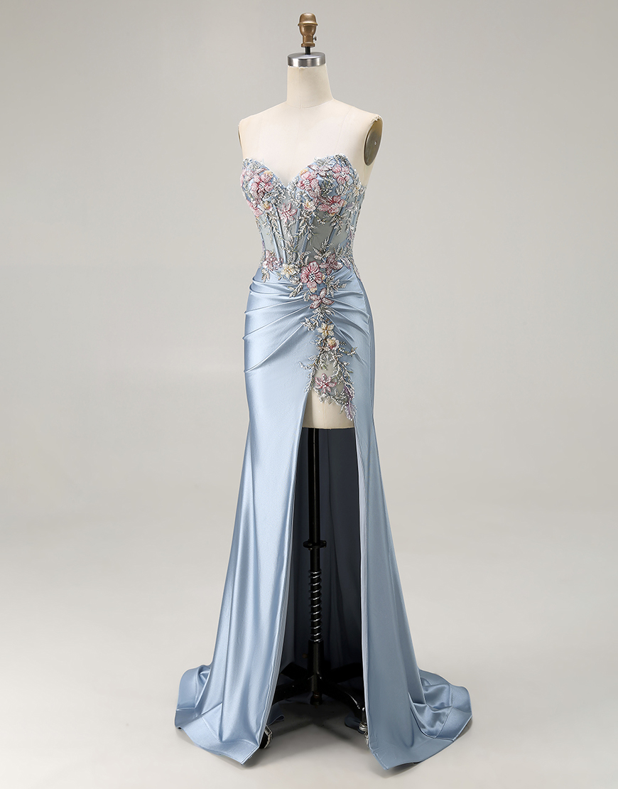 Floral Grey Blue Mermaid Ruched Long Corset Satin Prom Dress with Slit