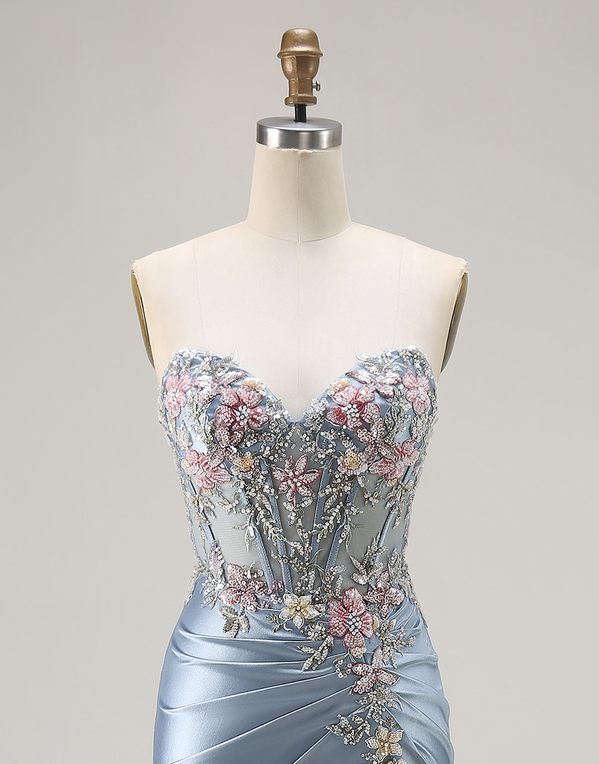 Floral Grey Blue Mermaid Ruched Long Corset Satin Prom Dress with Slit