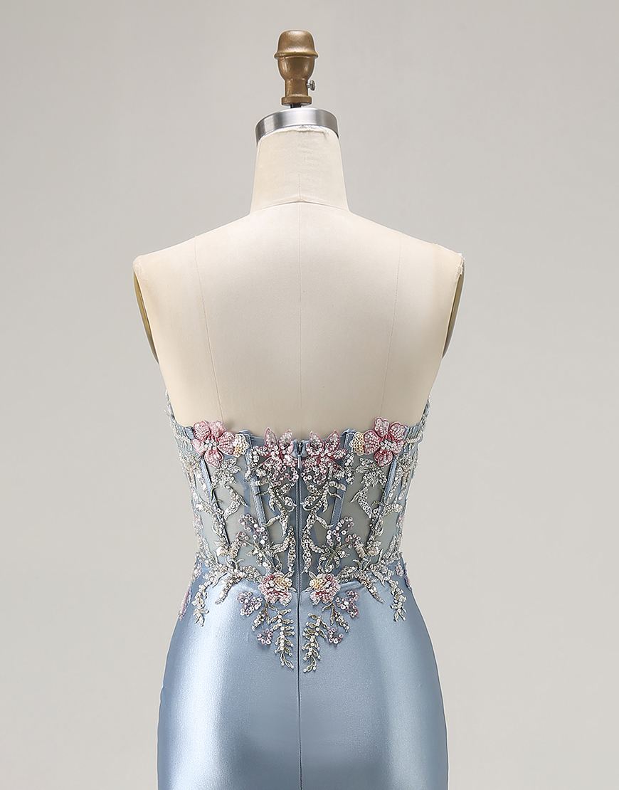 Floral Grey Blue Mermaid Ruched Long Corset Satin Prom Dress with Slit