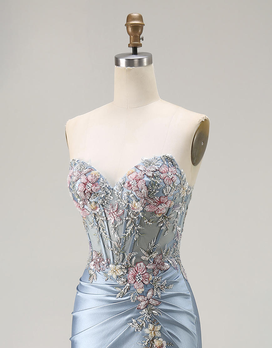 Floral Grey Blue Mermaid Ruched Long Corset Satin Prom Dress with Slit