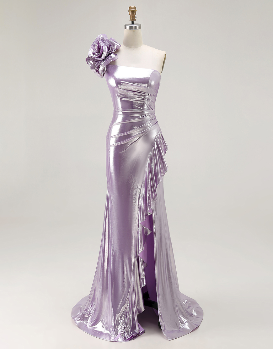 Sparkly Light Purple Mermaid Metallic Ruffled Long Prom Dress with 3D Flower