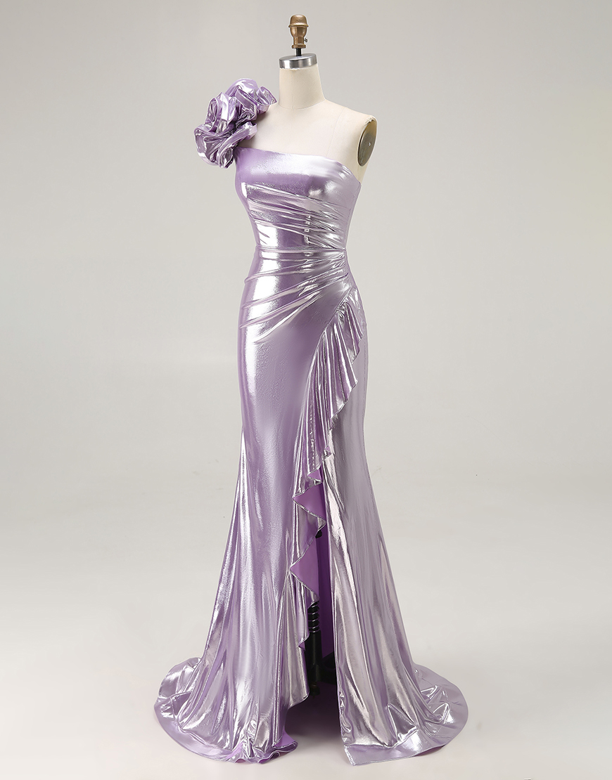 Sparkly Light Purple Mermaid Metallic Ruffled Long Prom Dress with 3D Flower