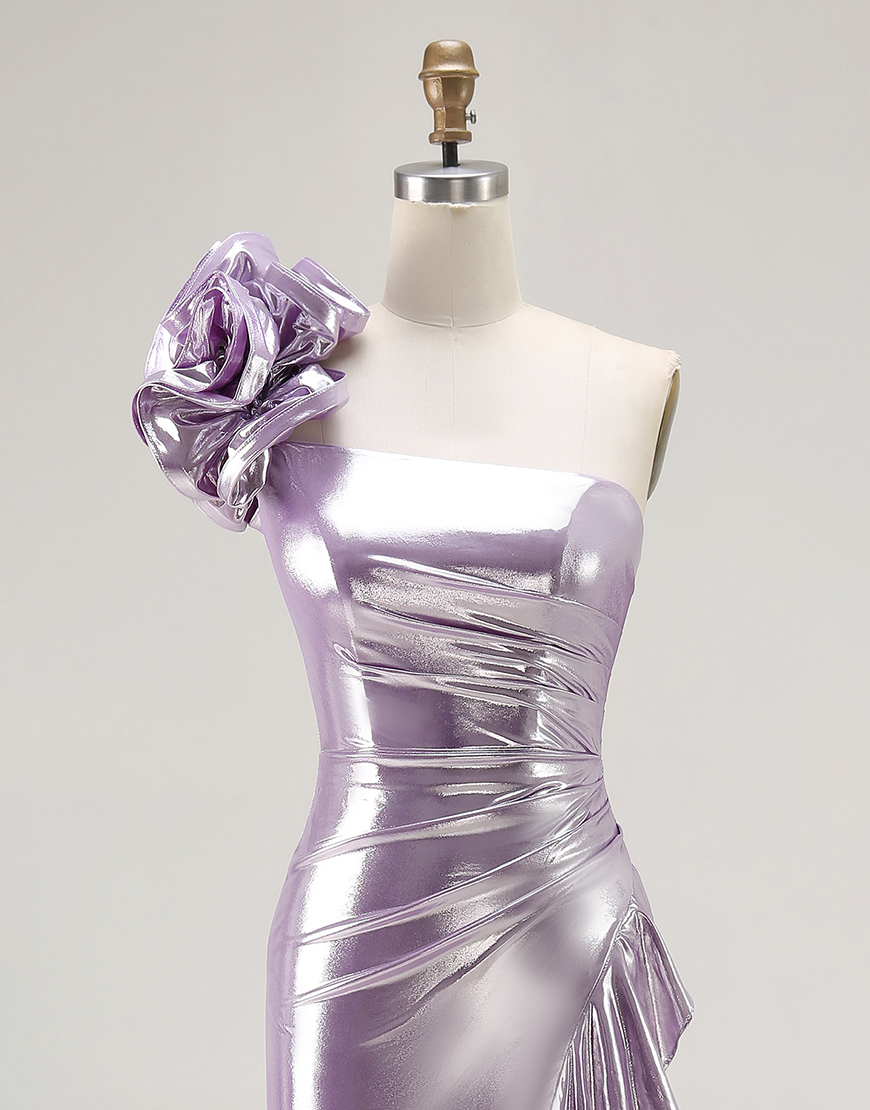 Sparkly Light Purple Mermaid Metallic Ruffled Long Prom Dress with 3D Flower