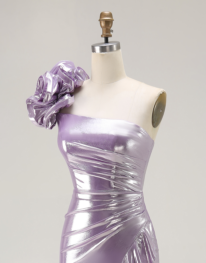 Sparkly Light Purple Mermaid Metallic Ruffled Long Prom Dress with 3D Flower