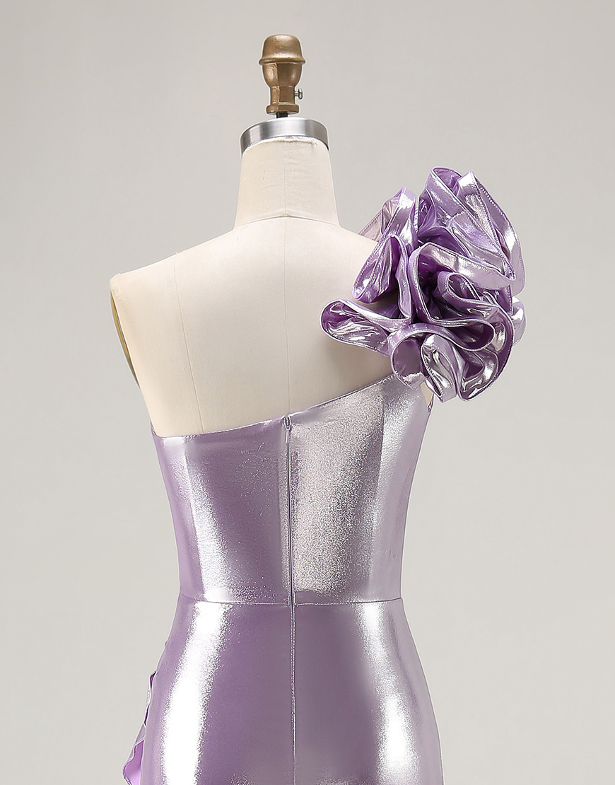 Sparkly Light Purple Mermaid Metallic Ruffled Long Prom Dress with 3D Flower