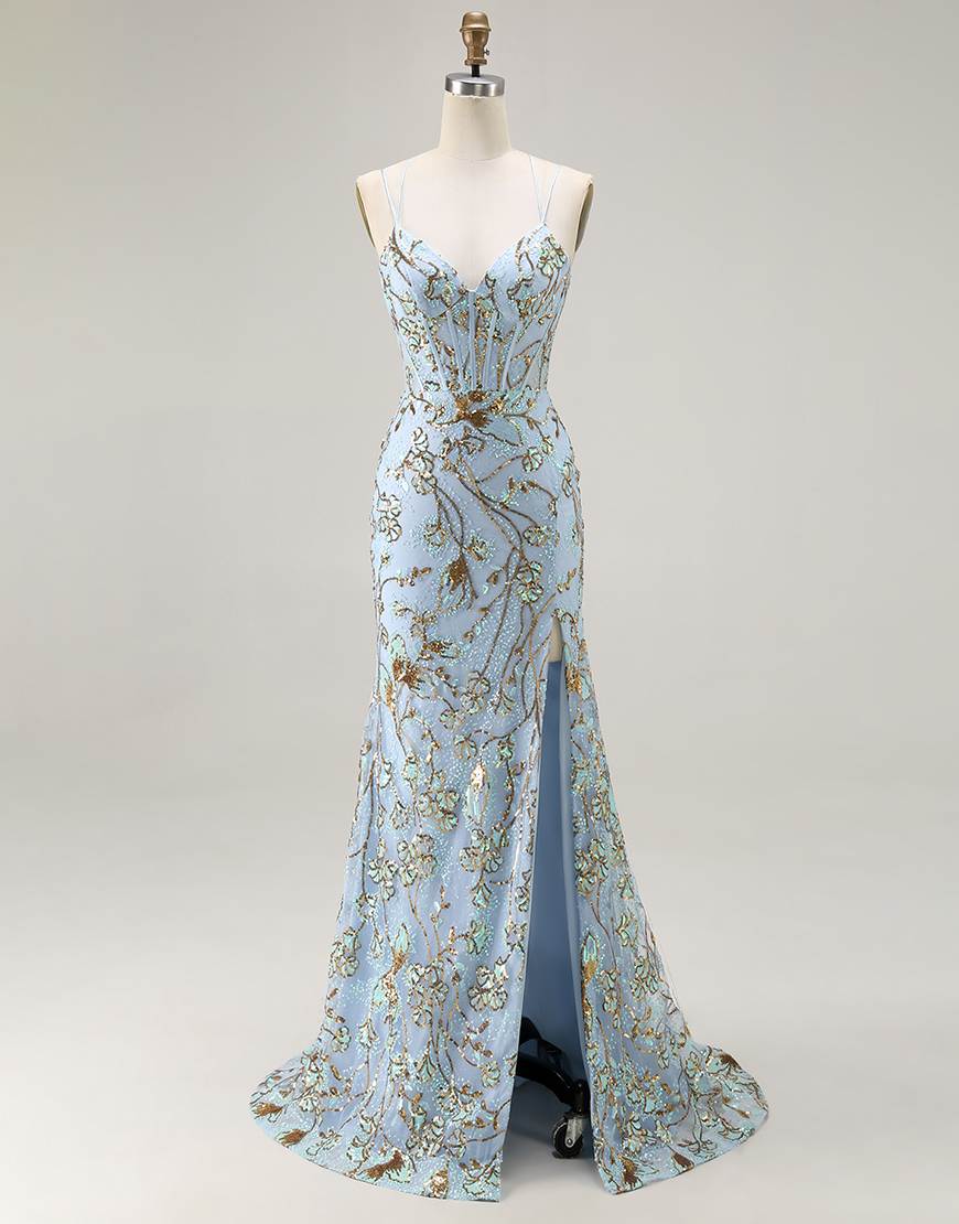 Sparkly Lake Blue Mermaid Sequins Long Corset Prom Dress with Slit