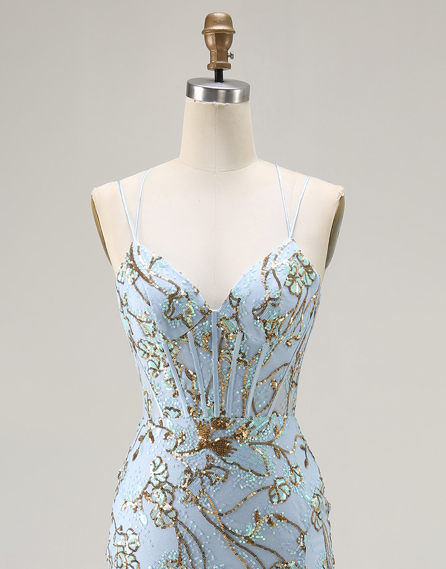 Sparkly Lake Blue Mermaid Sequins Long Corset Prom Dress with Slit