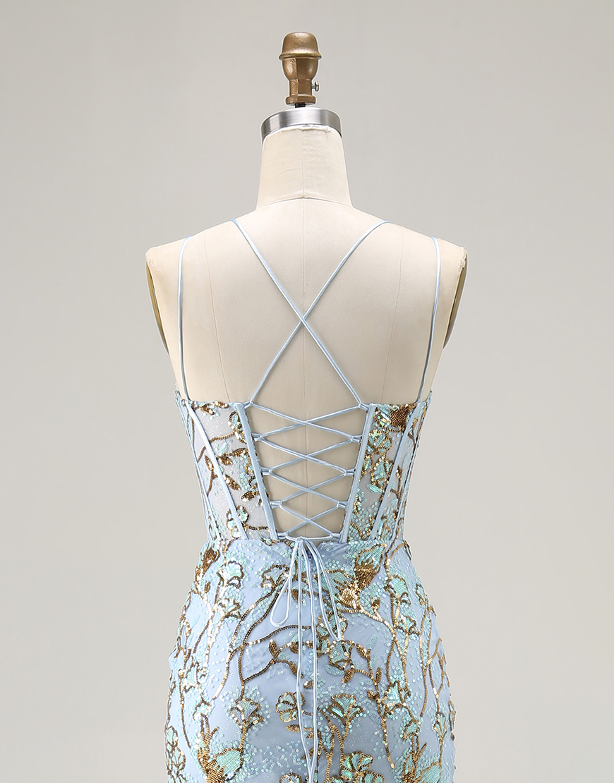 Sparkly Lake Blue Mermaid Sequins Long Corset Prom Dress with Slit