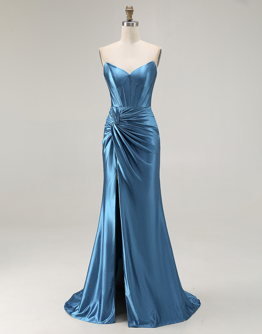 Royal Blue Mermaid Ruched Long Corset Satin Prom Dress with Slit