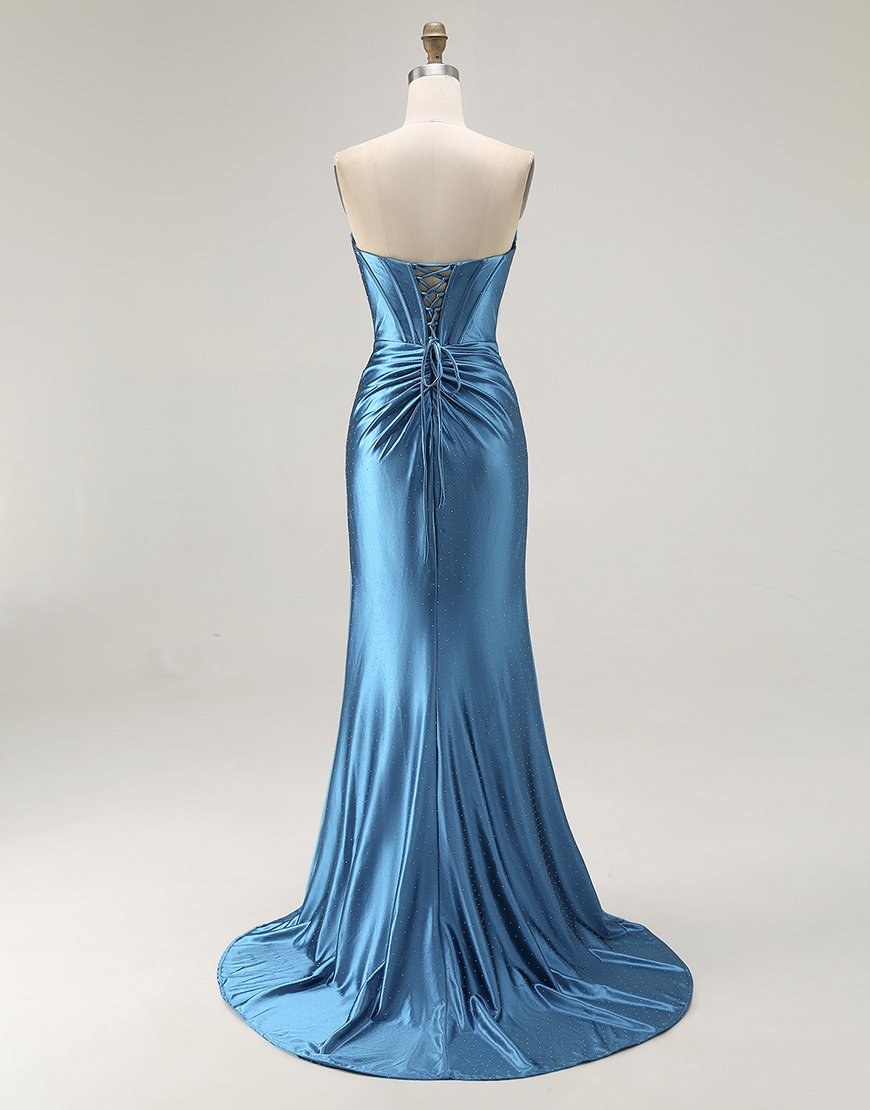Royal Blue Mermaid Ruched Long Corset Satin Prom Dress with Slit