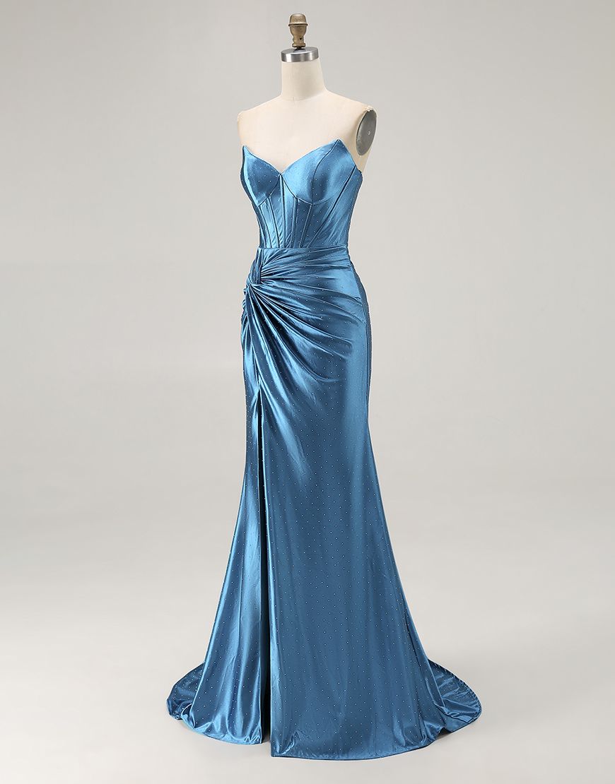 Royal Blue Mermaid Ruched Long Corset Satin Prom Dress with Slit