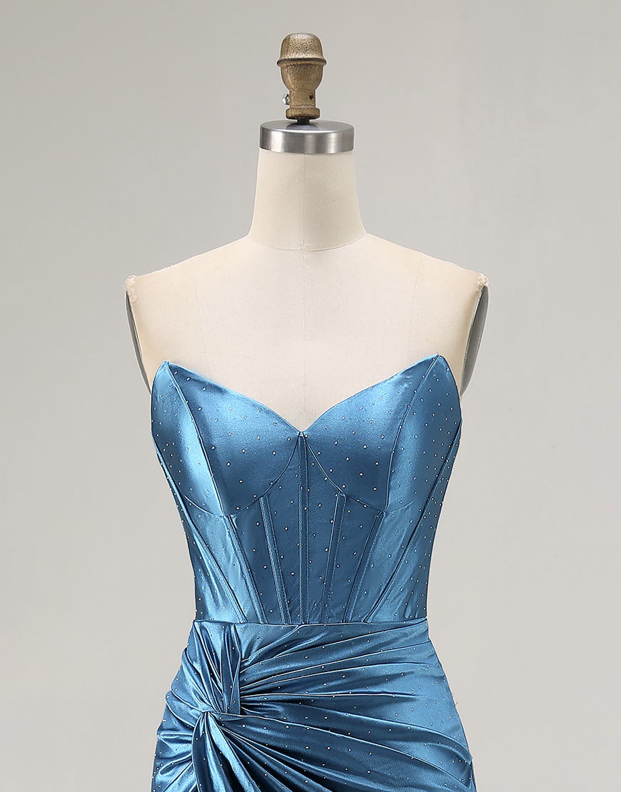 Royal Blue Mermaid Ruched Long Corset Satin Prom Dress with Slit