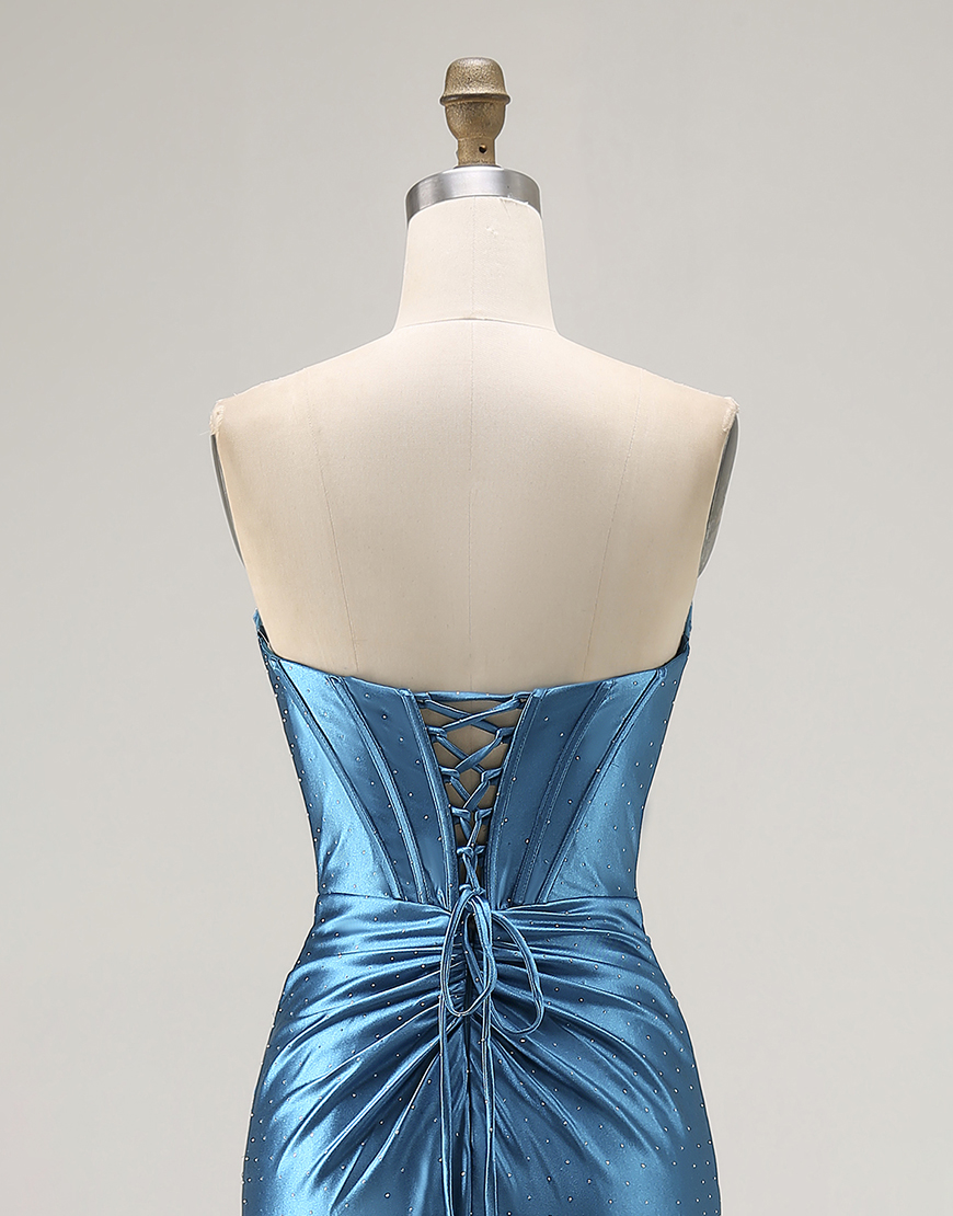 Royal Blue Mermaid Ruched Long Corset Satin Prom Dress with Slit