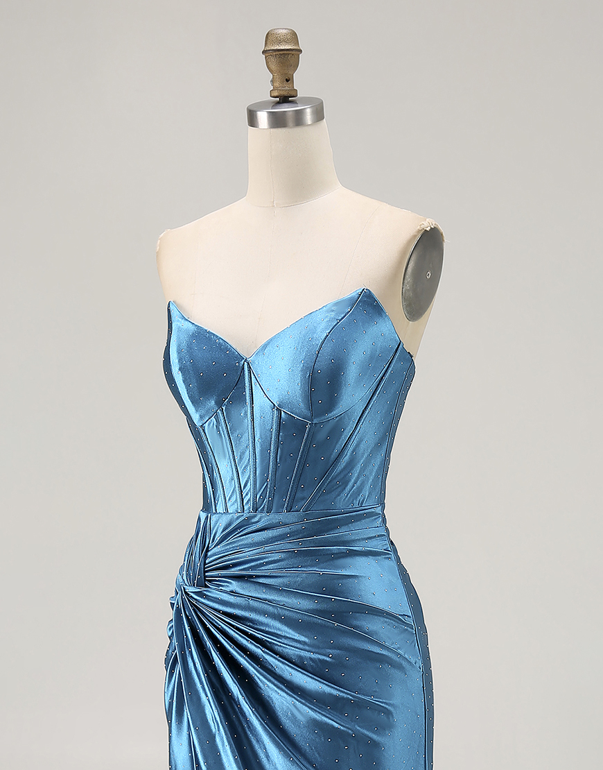 Royal Blue Mermaid Ruched Long Corset Satin Prom Dress with Slit