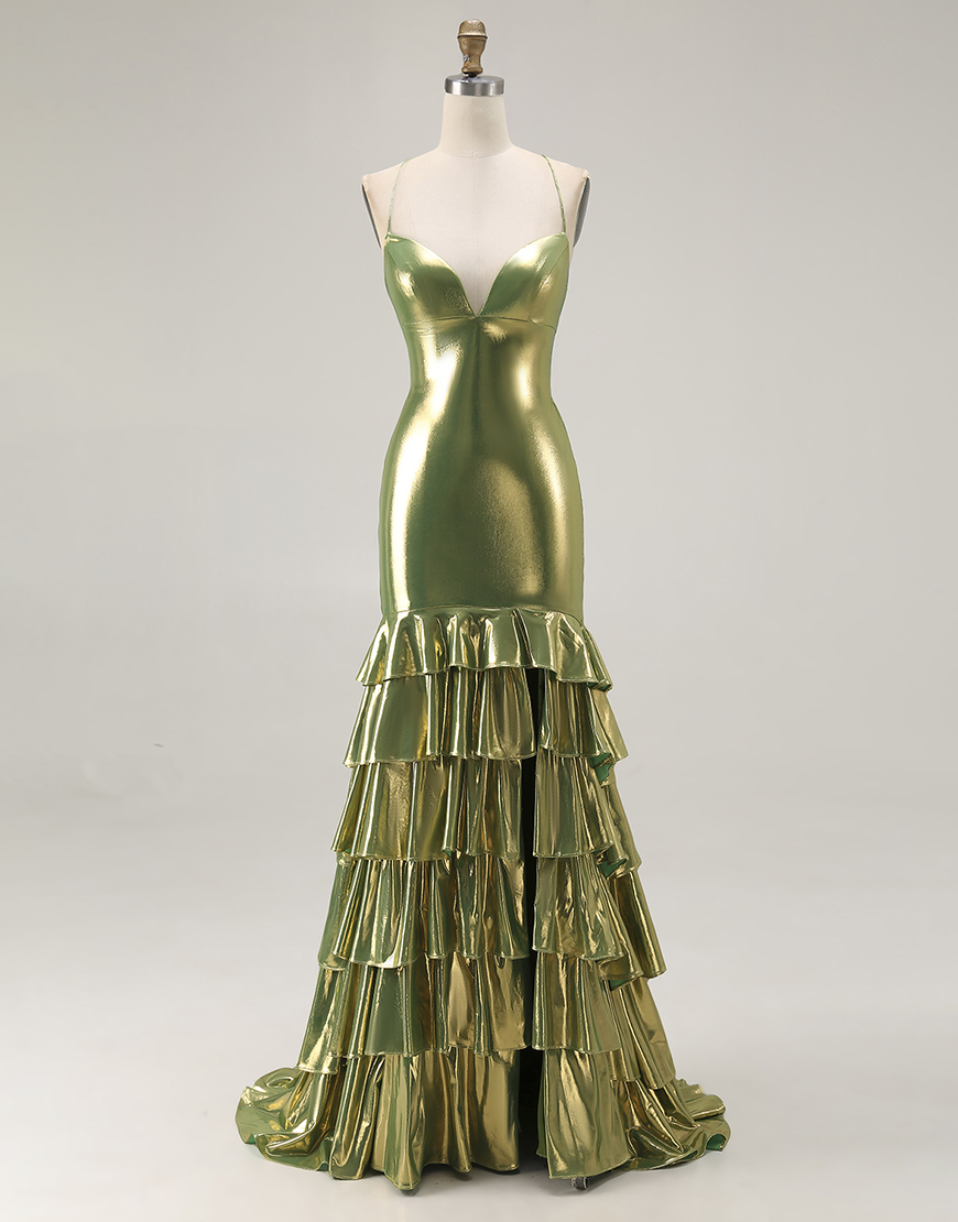Mermaid Gold Metallic Tiered Long Prom Dress with Ruffles