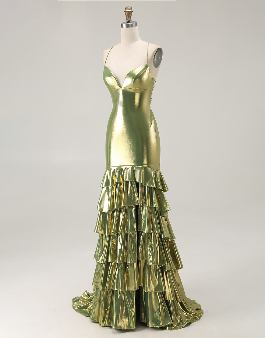 Mermaid Gold Metallic Tiered Long Prom Dress with Ruffles