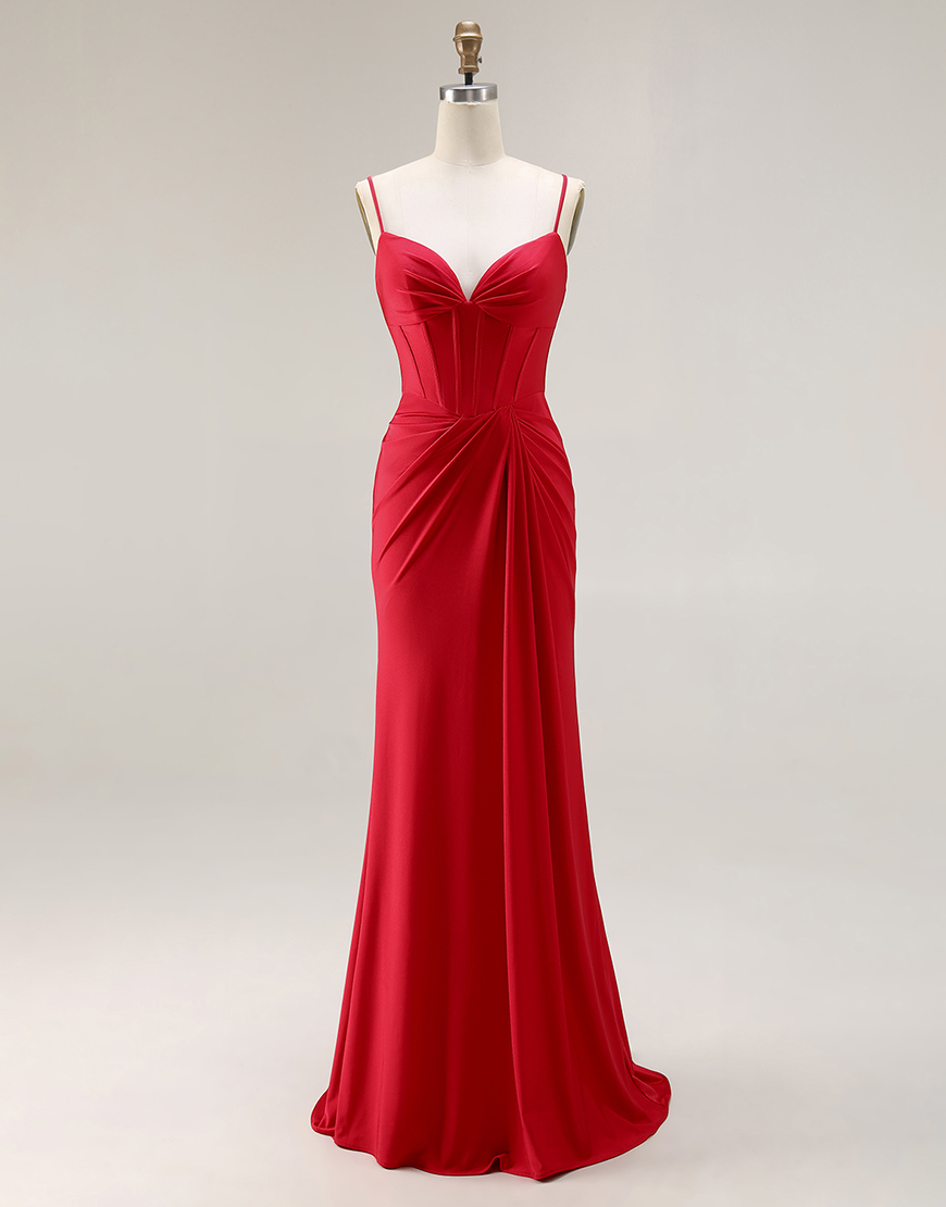 Red Mermaid Ruched Satin Long Corset Prom Dress
