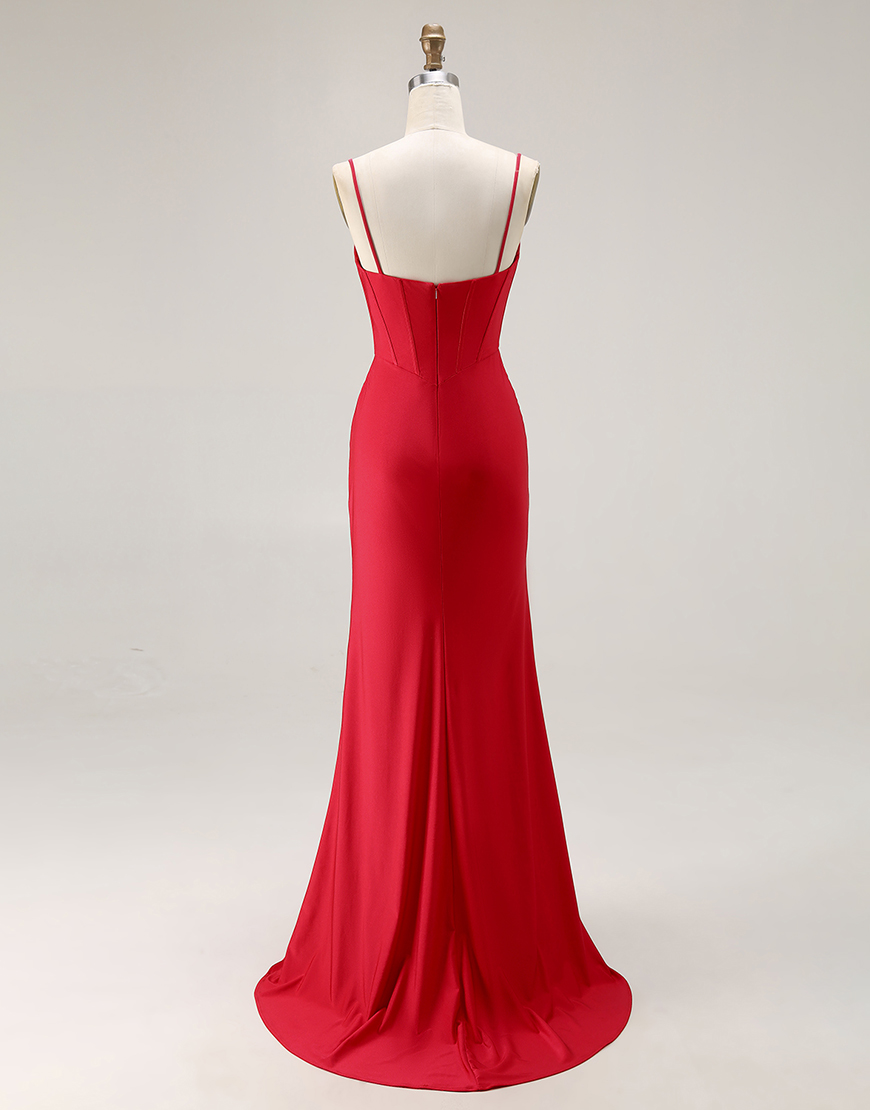 Red Mermaid Ruched Satin Long Corset Prom Dress