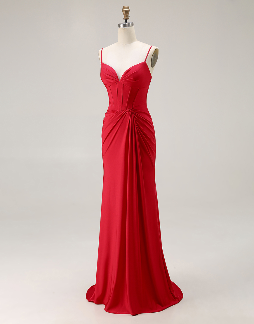 Red Mermaid Ruched Satin Long Corset Prom Dress
