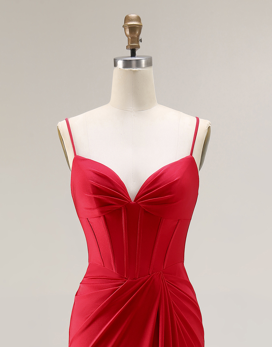 Red Mermaid Ruched Satin Long Corset Prom Dress