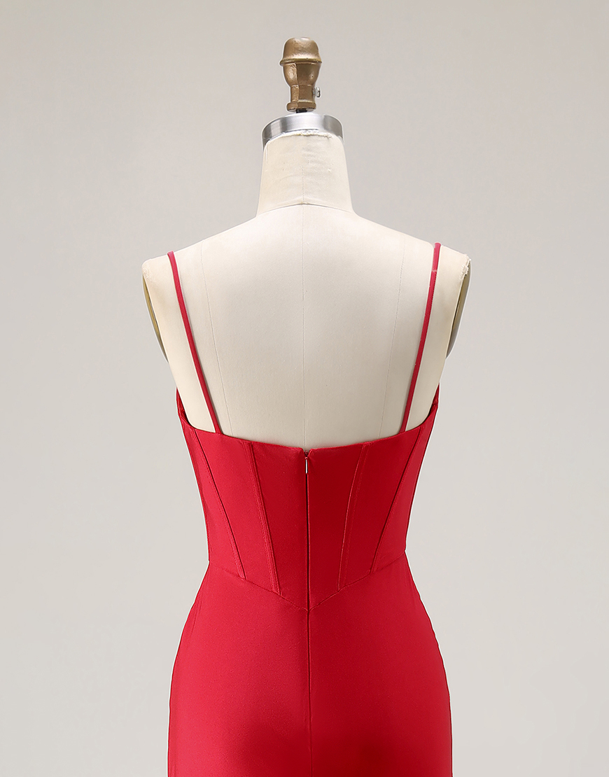 Red Mermaid Ruched Satin Long Corset Prom Dress