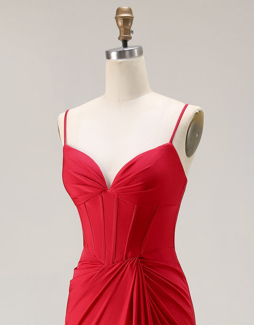 Red Mermaid Ruched Satin Long Corset Prom Dress