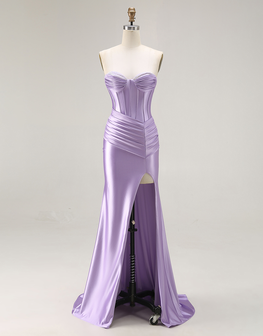 Purple Mermaid Sweetheart Ruched Long Satin Corset Prom Dress with Slit
