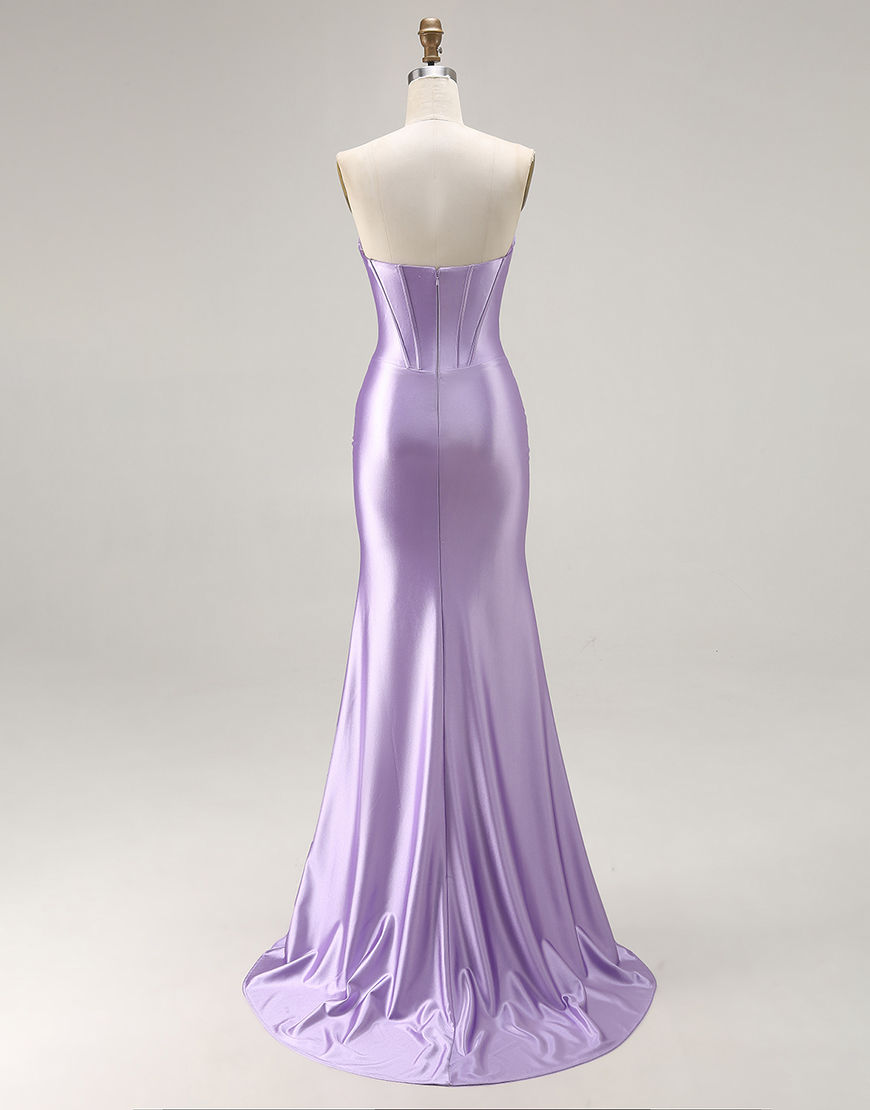 Purple Mermaid Sweetheart Ruched Long Satin Corset Prom Dress with Slit