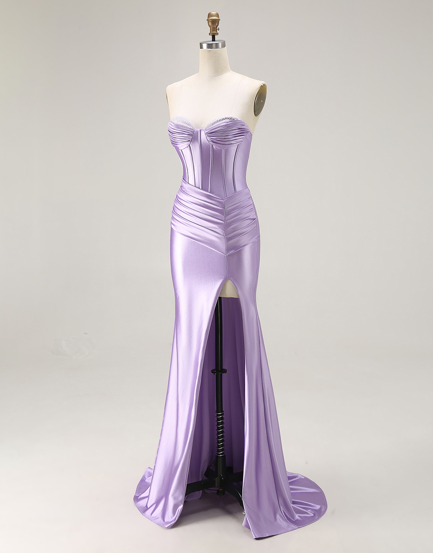 Purple Mermaid Sweetheart Ruched Long Satin Corset Prom Dress with Slit