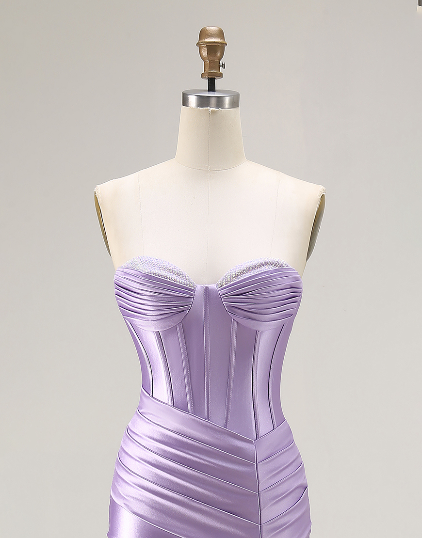 Purple Mermaid Sweetheart Ruched Long Satin Corset Prom Dress with Slit