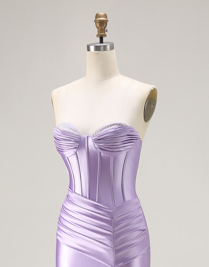 Purple Mermaid Sweetheart Ruched Long Satin Corset Prom Dress with Slit
