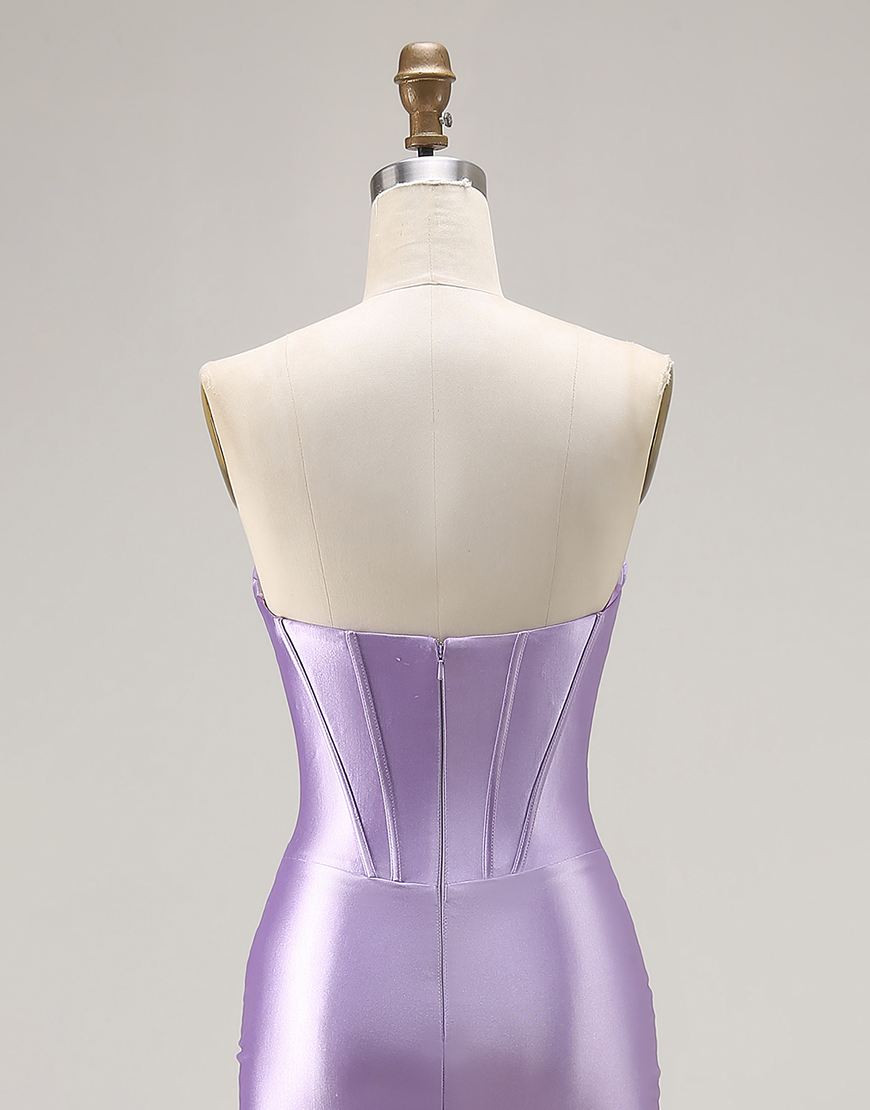 Purple Mermaid Sweetheart Ruched Long Satin Corset Prom Dress with Slit