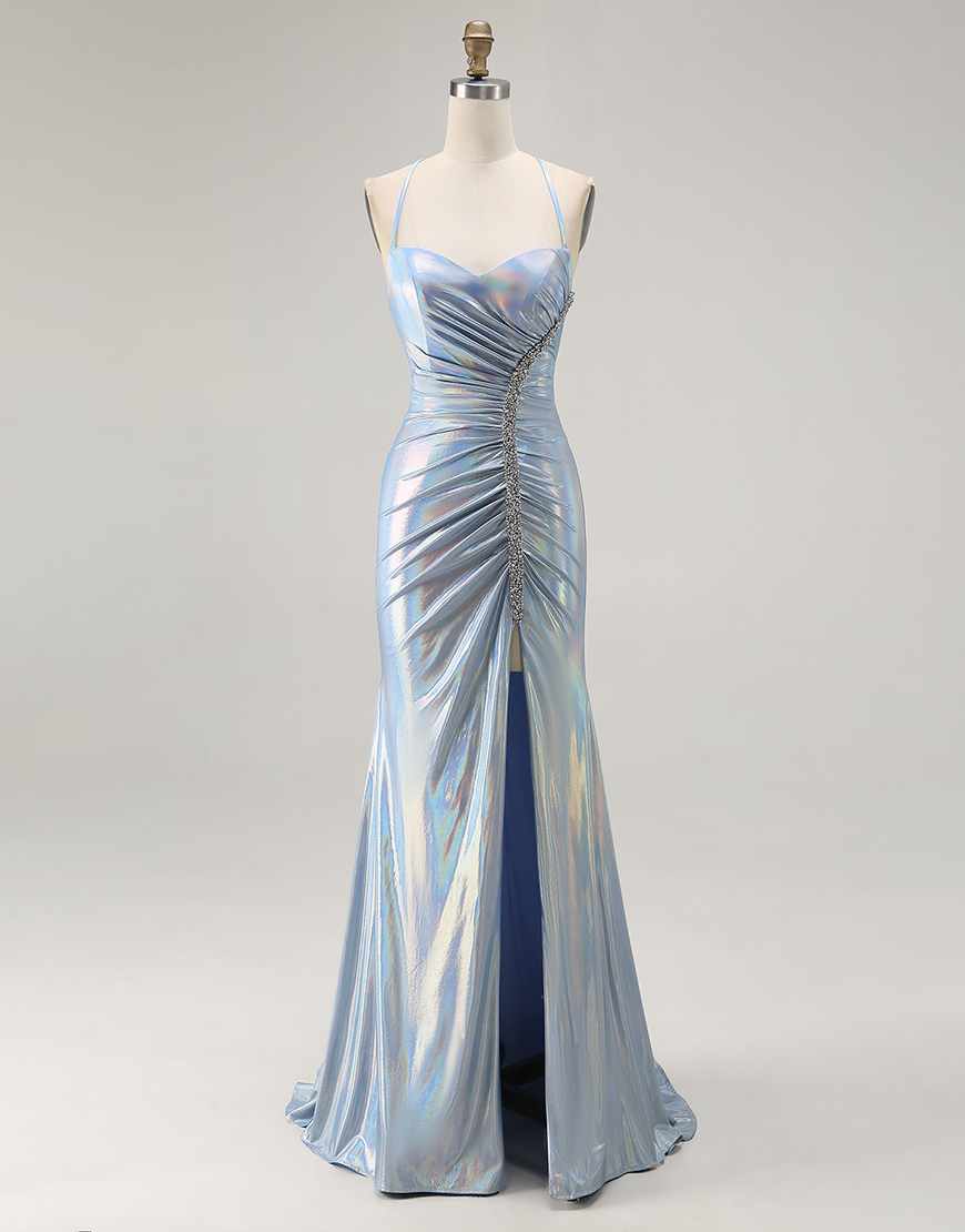 Sparkly Light Blue Metallic Mermaid Ruched Long Prom Dress