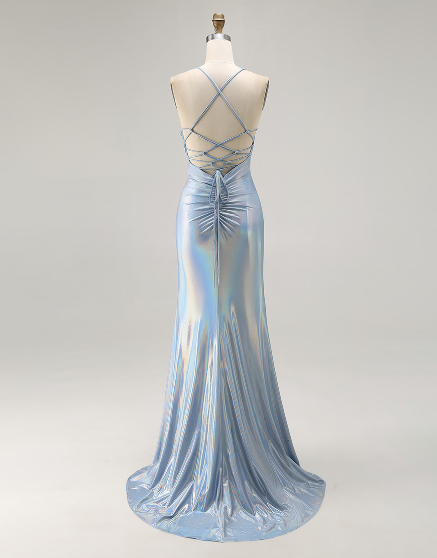Sparkly Light Blue Metallic Mermaid Ruched Long Prom Dress