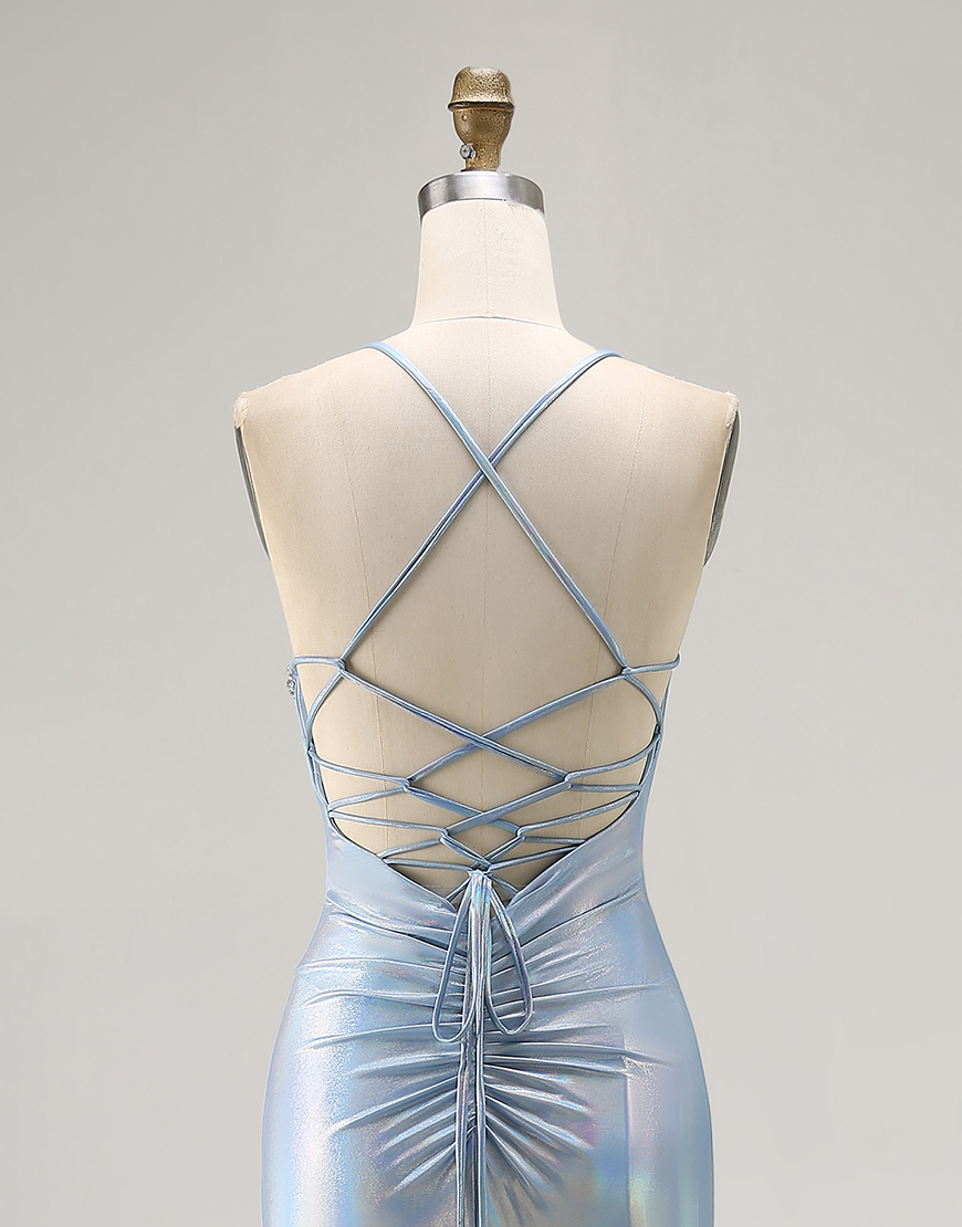 Sparkly Light Blue Metallic Mermaid Ruched Long Prom Dress