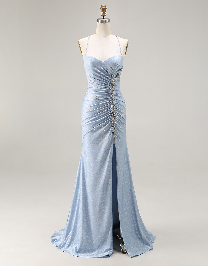Sparkly Light Blue Mermaid Beaded Satin Long Prom Dress with Slit