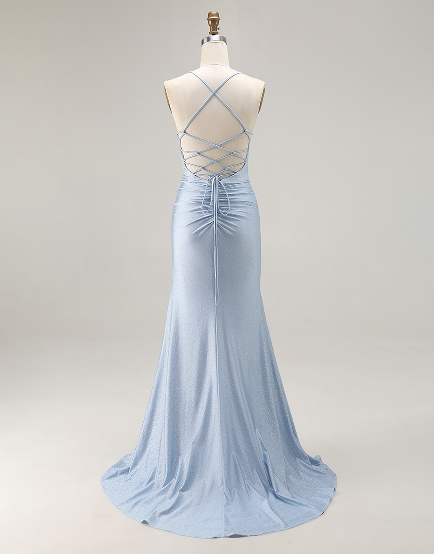 Sparkly Light Blue Mermaid Beaded Satin Long Prom Dress with Slit