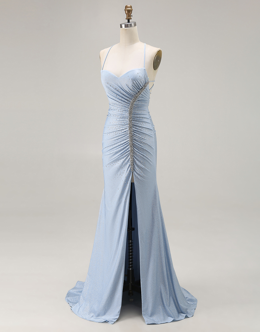 Sparkly Light Blue Mermaid Beaded Satin Long Prom Dress with Slit