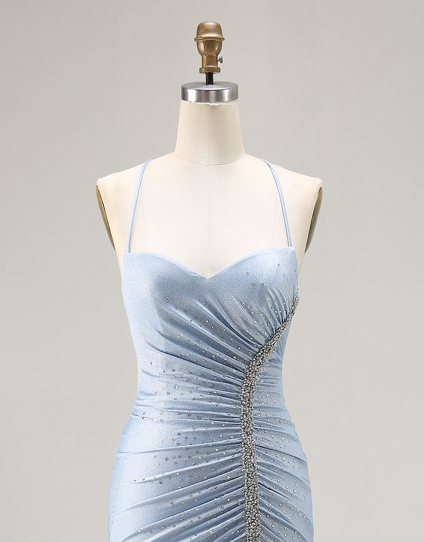 Sparkly Light Blue Mermaid Beaded Satin Long Prom Dress with Slit