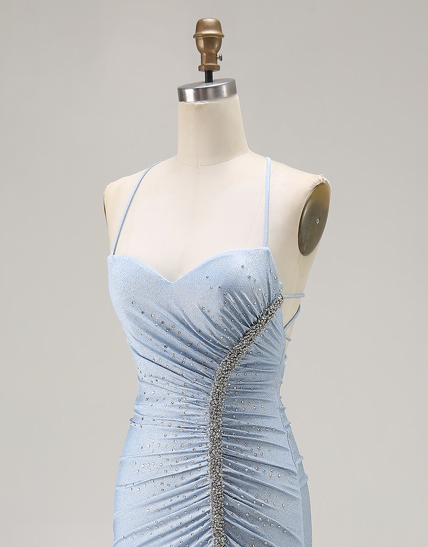 Sparkly Light Blue Mermaid Beaded Satin Long Prom Dress with Slit