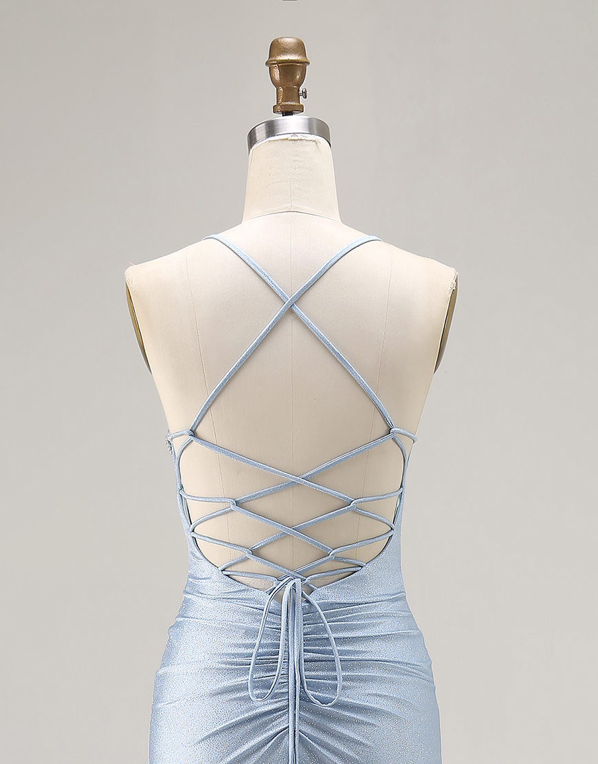 Sparkly Light Blue Mermaid Beaded Satin Long Prom Dress with Slit