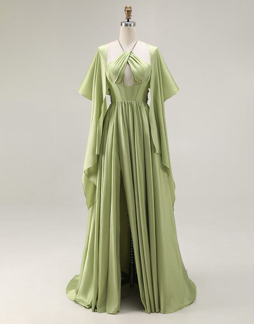 Sage Green A Line Corset Keyhole Long Prom Dress with Slit