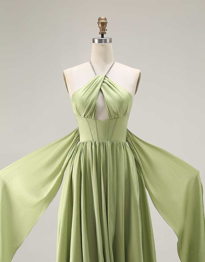 Sage Green A Line Corset Keyhole Long Prom Dress with Slit