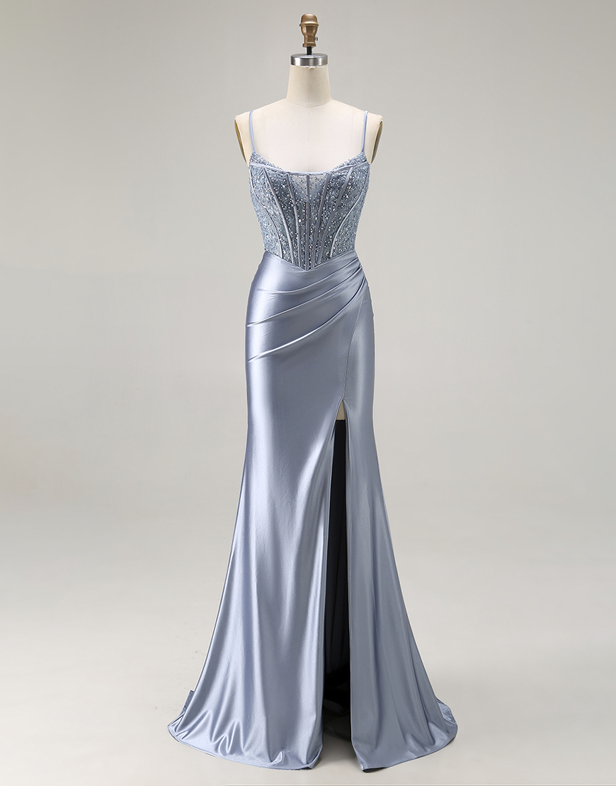 Sparkly Grey Blue Corset Mermaid Long Prom Dress with Beading