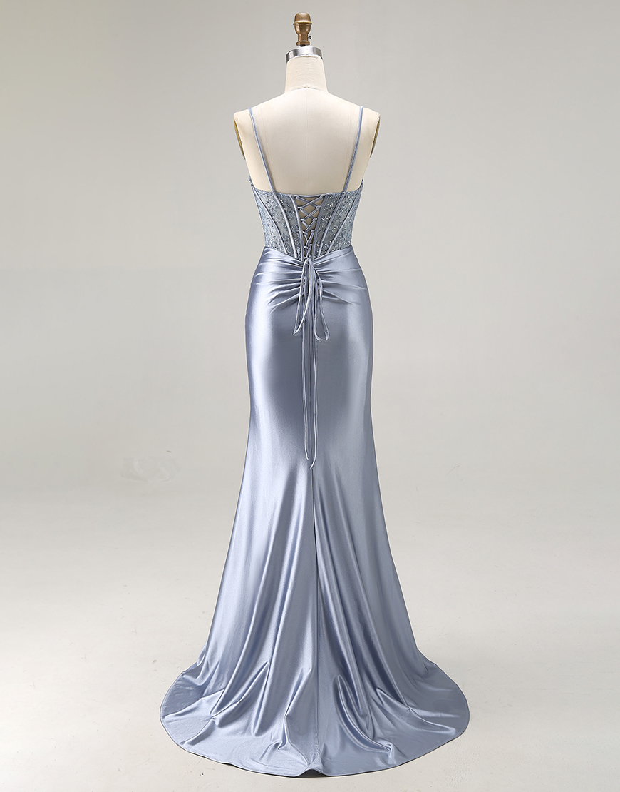 Sparkly Grey Blue Corset Mermaid Long Prom Dress with Beading