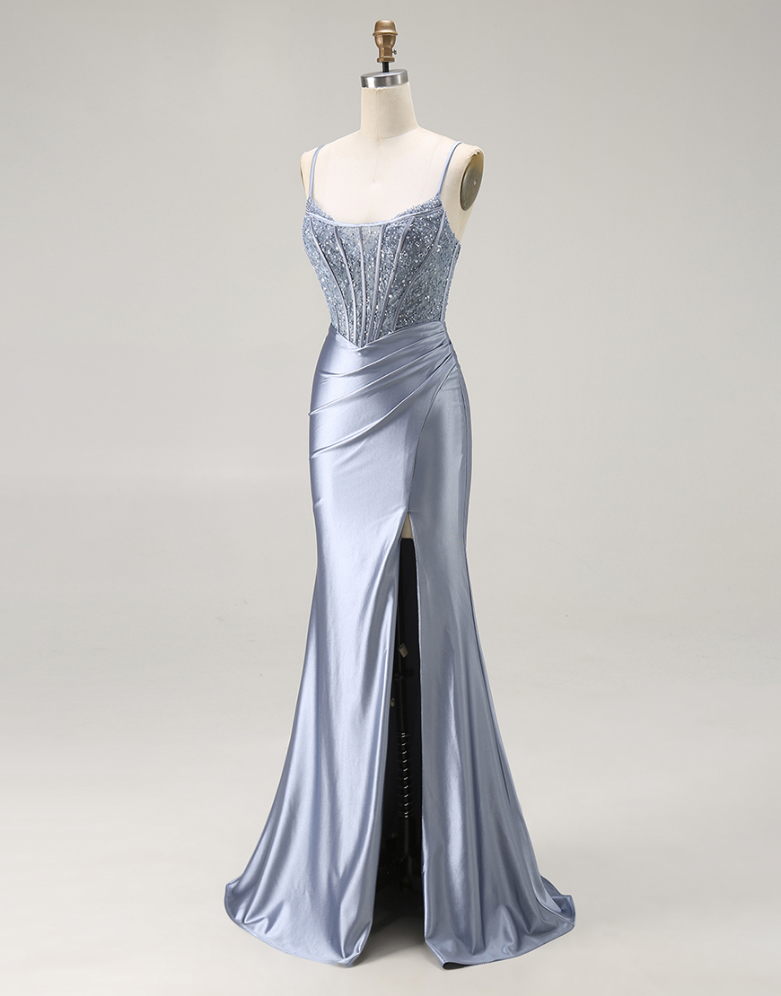 Sparkly Grey Blue Corset Mermaid Long Prom Dress with Beading
