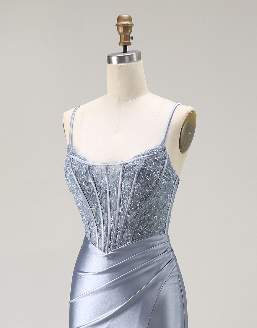 Sparkly Grey Blue Corset Mermaid Long Prom Dress with Beading