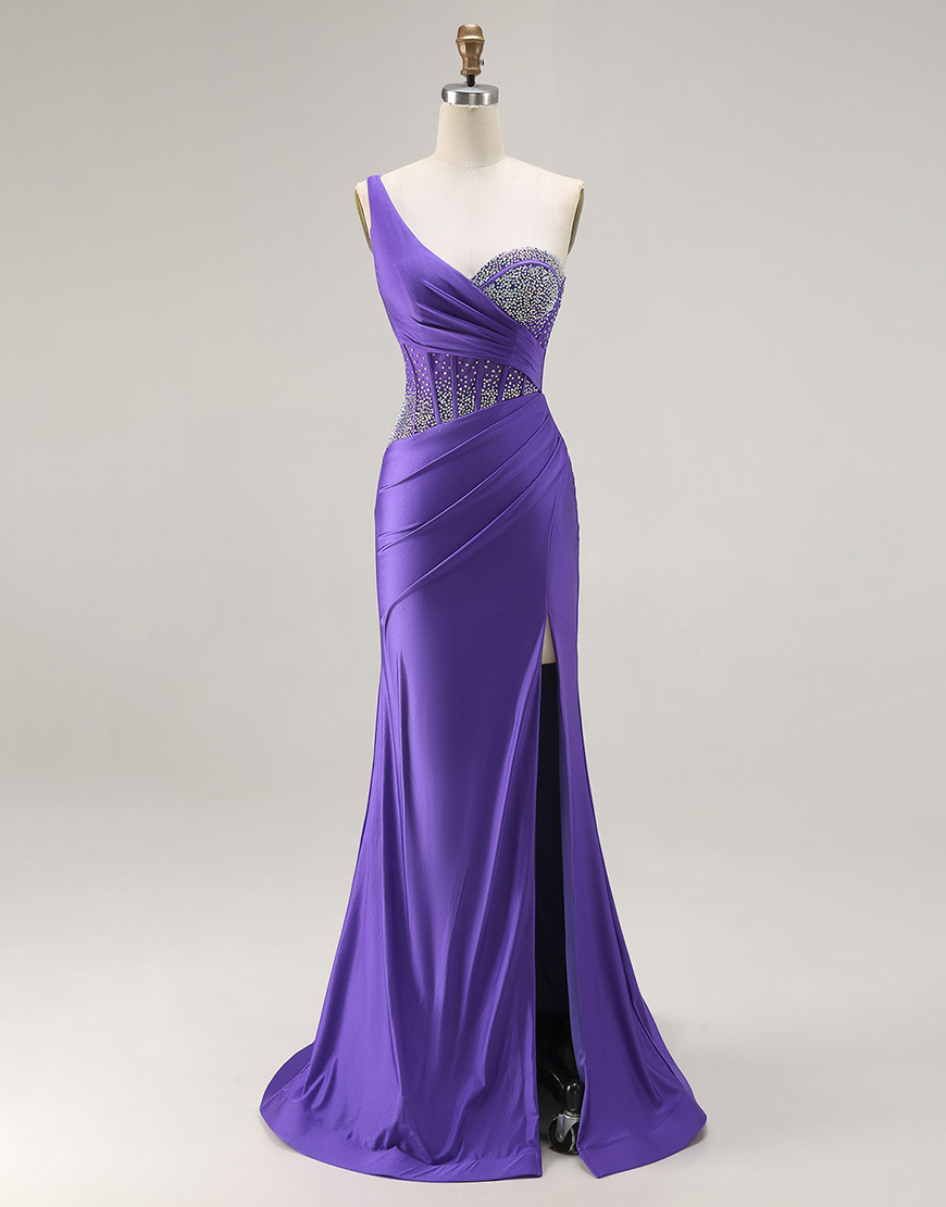 Sparkly Dark Purple Corset One Shoulder Long Prom Dress with Beading