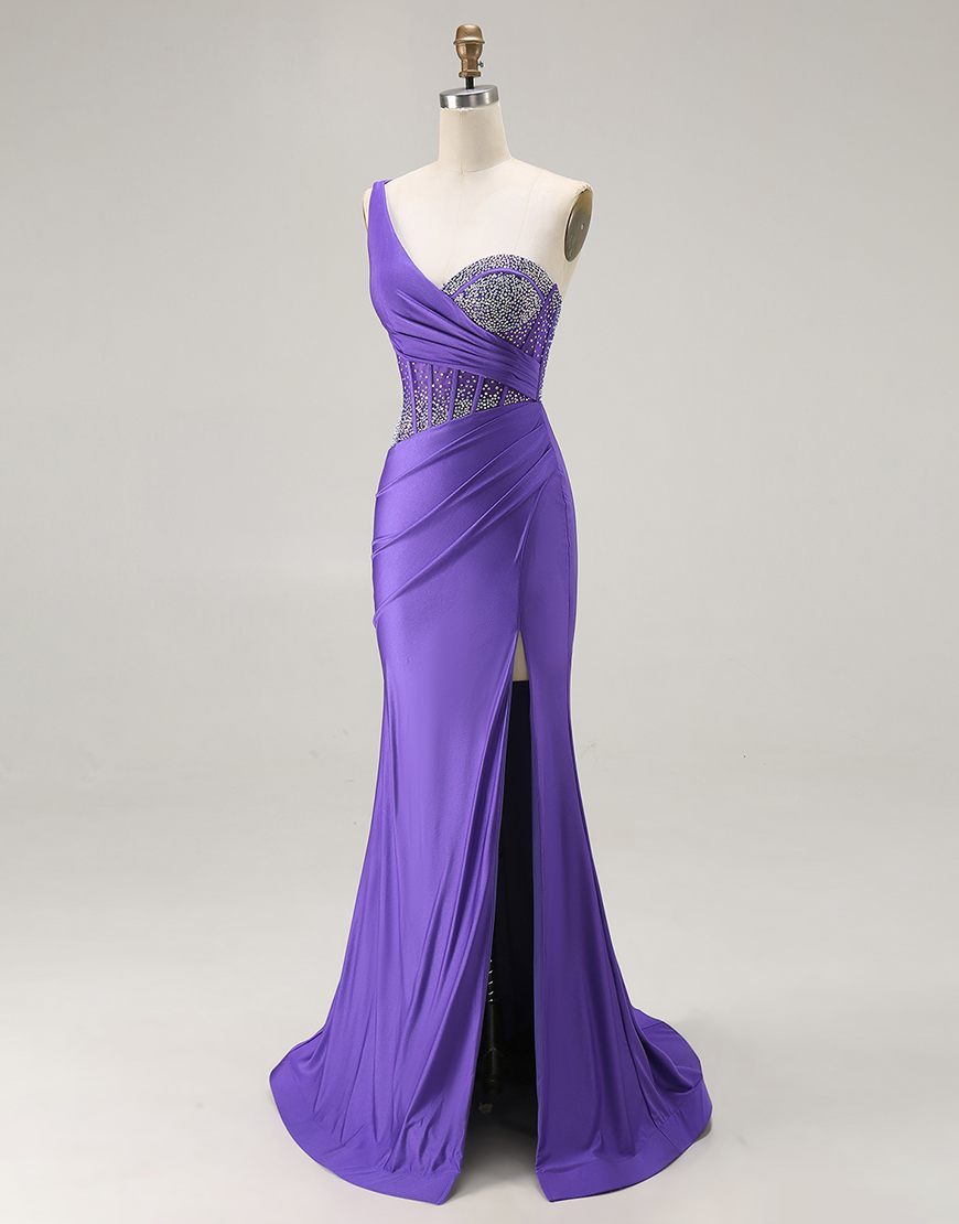 Sparkly Dark Purple Corset One Shoulder Long Prom Dress with Beading
